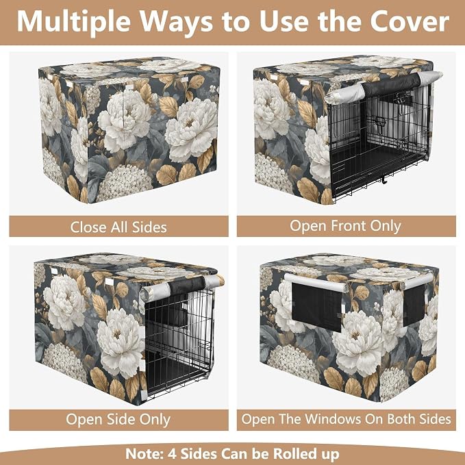 Dog Crate Cover Kennel Cover for Dog Cages Breathable for Wire Cage Indoor Outdoor White Peony Flower Golden Leaves Hydrangeas Black - Image 5