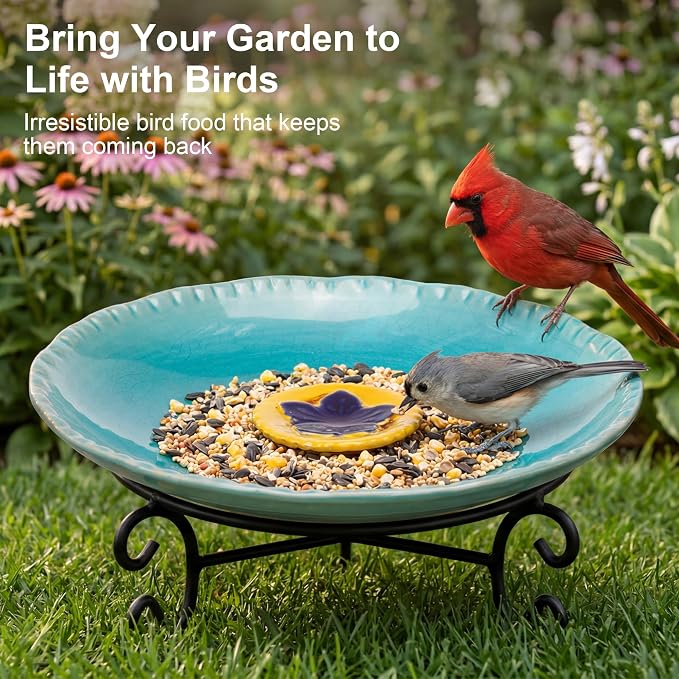 Topadorn 2" Depth Ceramic Birdbath & Birdfeeder for Small Birds Outdoors | 12.2'' Bird Bath Bowl For Vintage Garden Patio Yard Lawn Decor, Blue with Yellow Flower - Image 6