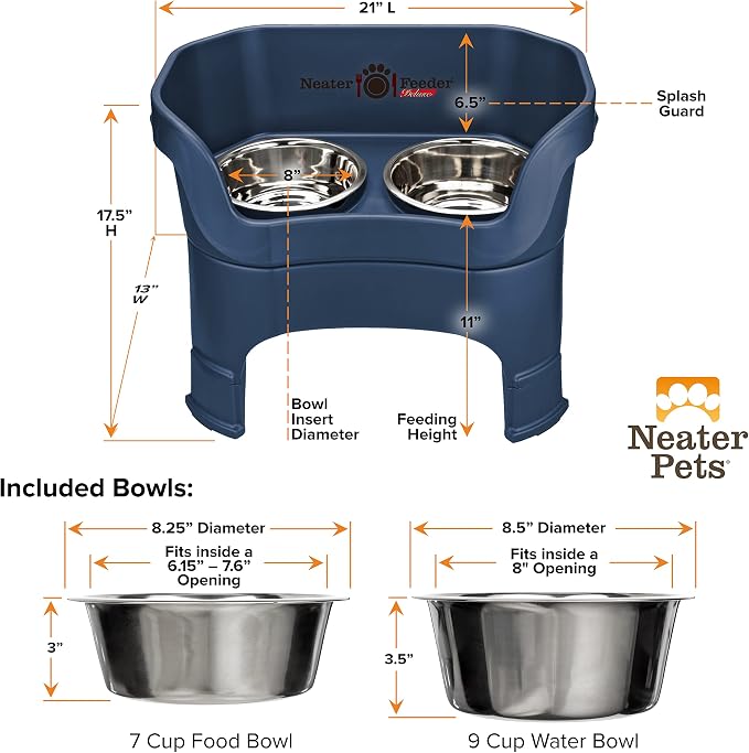 Neater Feeder Deluxe Mess-Proof Elevated Dog Bowls for Large Dogs (40+ lbs), 2 Height Adjustable (14.5” & 17.5”) No-Spill Raised Dog Bowl Stand, Stainless Steel Food Bowl Set, Made in USA, Dark Blue - Image 8