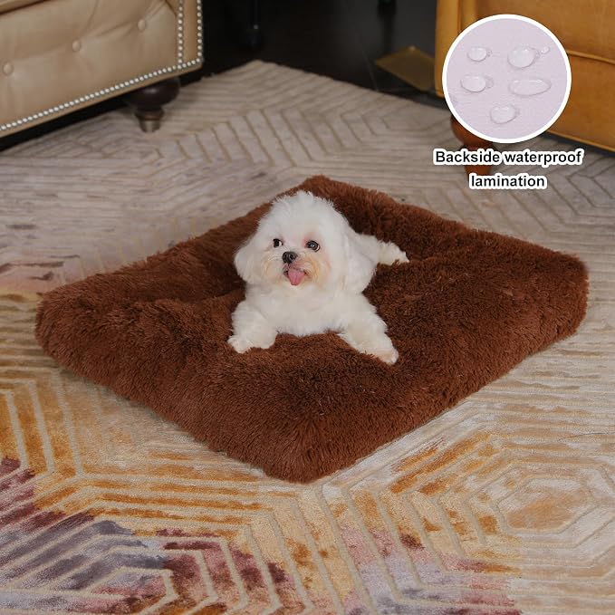 Bedfolks Waterproof Crate Bed, Plush Dog & Cat Kennel Pad with Removable Cover, Faux Fur, Washable, 21"x13", Solid Brown - Image 2