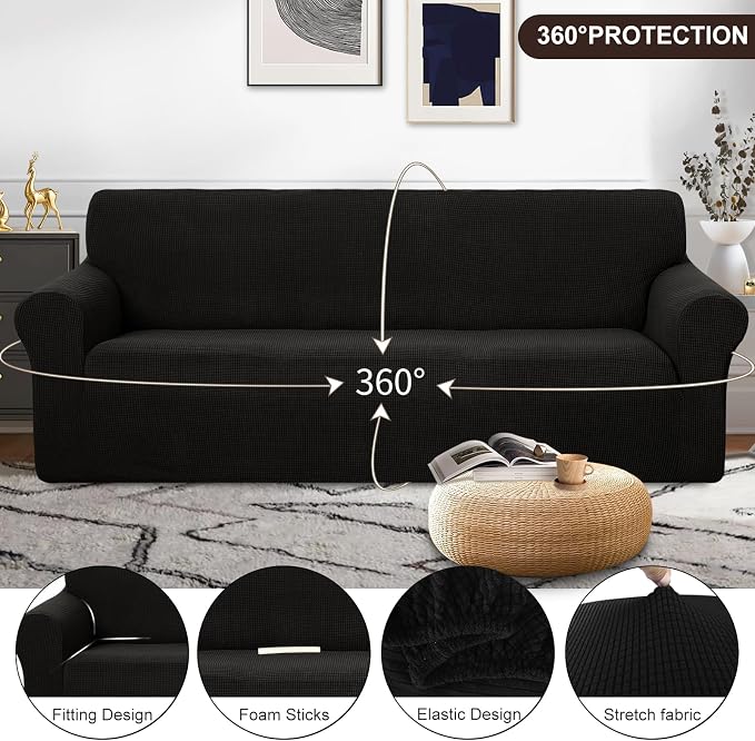 U-NICE HOME 4 Seater Stretch Couch Cover for 3 Cushion Sofa, Black | 1-Piece Sofa cover, Washable, Pet friendly, Furniture protector, Polyester Spandex Jacquard fabric - Image 3