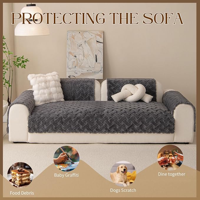 Waterproof Dog Bed Cover Non Slip Couch Cover for Dogs Washable Soft Faux Fur Sofa Cover Couch Covers for 3 Cushion Couch Sofa Pet Friendly (Grey, 34x82（1pc）) - Image 2