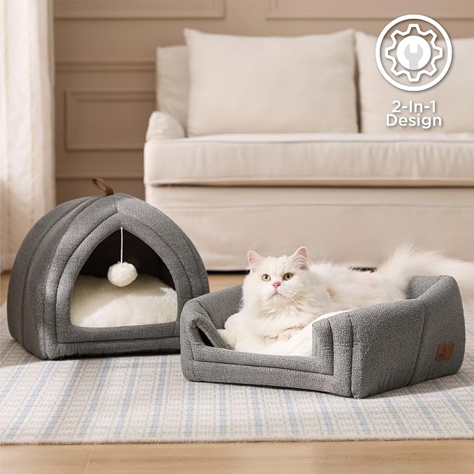 Bedsure 2in1 Cat Beds for Indoor Cats Cave for Kitten with Washable Pillow | 16in, Cat House for Small Pet, Covered Cat Tent, Foldable Hideaway, Fluffy Ball, Anti Slip Bottom, Removable Cushioned ,Grey - Image 3