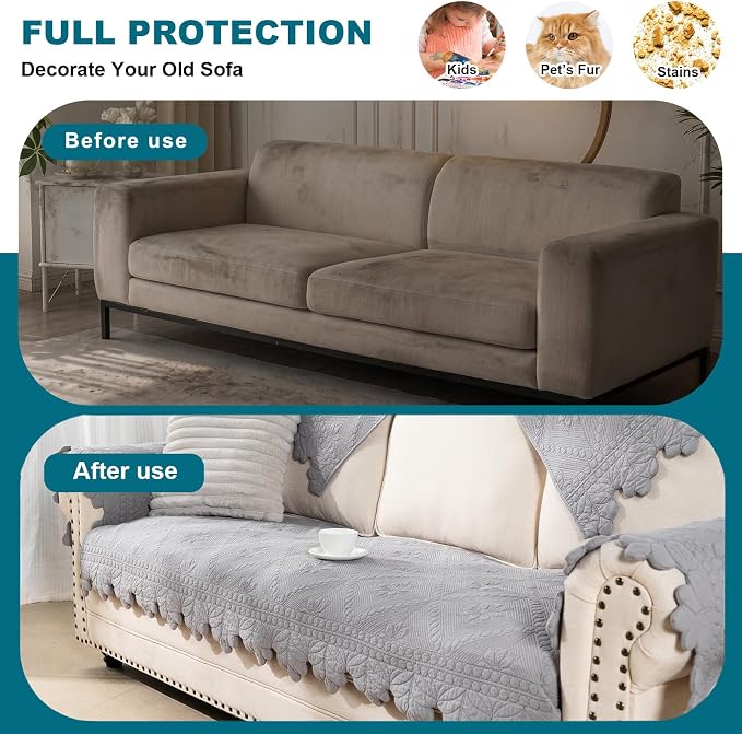 KRFOONN Cotton Quilted Dog Couch Cover for Sofa (Grey, 27.6" x 70.9") | Farmhouse Embroidery Sectional Couch Cover Washable, Soft Non Slip Sofa Slipcover Cushion Furniture Protector for Kids, Pets - Image 4