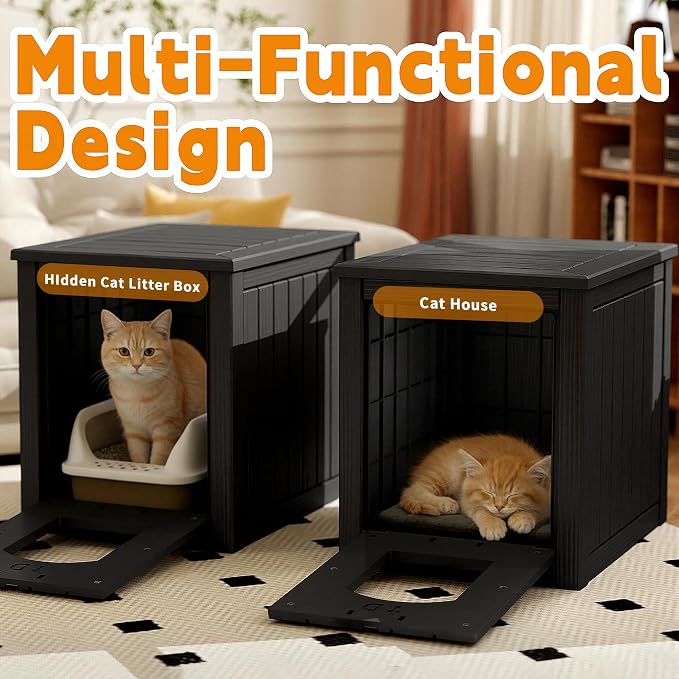 Cat Litter Box Enclosure, Multi-Functional Hidden Cat Litter Box Furniture & Cat Box Enclosure Cabinet with Side Table Design, Openable Front Door & Raised Floor, Easy to Clean & Assemble, Black - Image 2