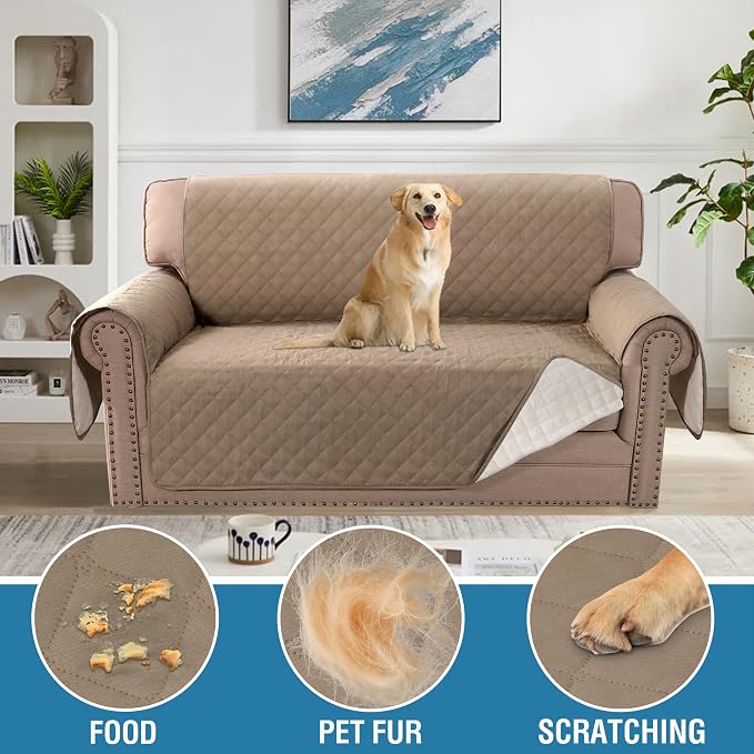 H.VERSAILTEX 100% Waterproof Couch Cover Loveseat Covers for 2 Cushion Couch Furniture Protector for Pets Kids Children Dog Cat with Non-Skid Backing (Loveseat, French Oak) - Image 3