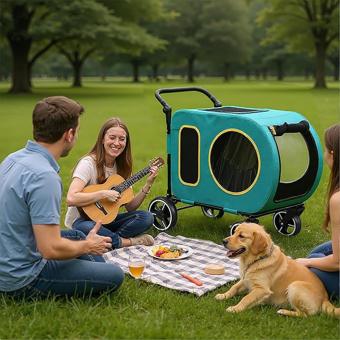 2025 Upgraded Dog Stroller for Large & Medium Dogs，Pet Stroller for 2 Small Dogs, Foldable Jogger Wagon with Detachable Carrier for Car Seat, Adjustable Handle, Up to 90 lbs, Blue