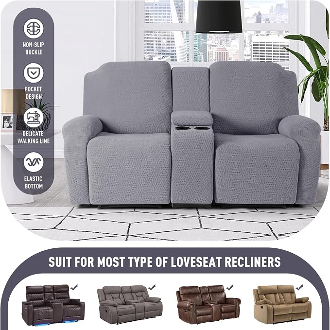 KinCam Loveseat Recliner Covers with Middle Console Slipcover, Light Gray | Stretch Recliner Sofa Covers for 2 Seat Couch Cover, Jacquard Furniture Protector Covers with Elastic Bottom for Kids, Pets - Image 4
