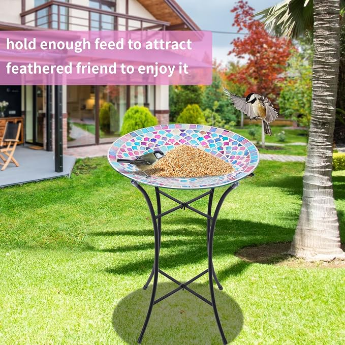 MUMTOP Mosaic Glass Bird Bath with Metal Stand for Garden Feeder Yard Decor | 14 Inch Width 19.68 Inch Height Outdoor Garden Bird Baths Bowl, Unique Glass Birdbaths Bird Feeder for Yard Decor - Image 4