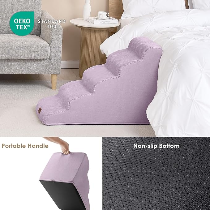 EHEYCIGA Curved Dog Stairs Ramp for High Beds 22.6" H, 5-Step Dog Steps for Small Dogs and Cats, Pet Stairs for High Bed Climbing, Non-Slip Balanced Pet Step Indoor, Lilac - Image 5