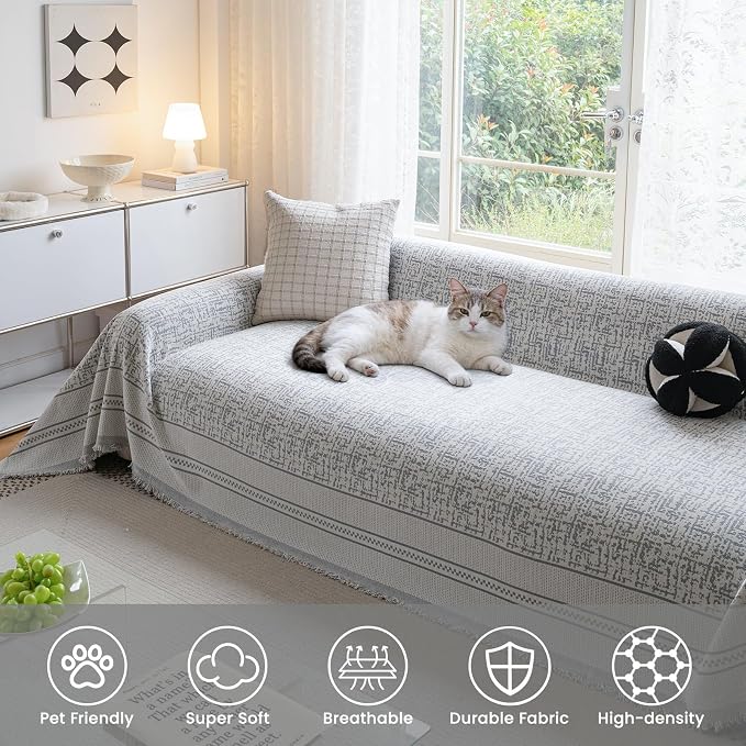 Waterproof Sofa Cover for Sectional Sofa, Boho Washable Couch Cover for 3-4 Cushion, L-Shape, Dogs Thick Chenille Pet Friendly Multi-Functional Furniture Protector with Tassels, 71"X165", Grey - Image 5