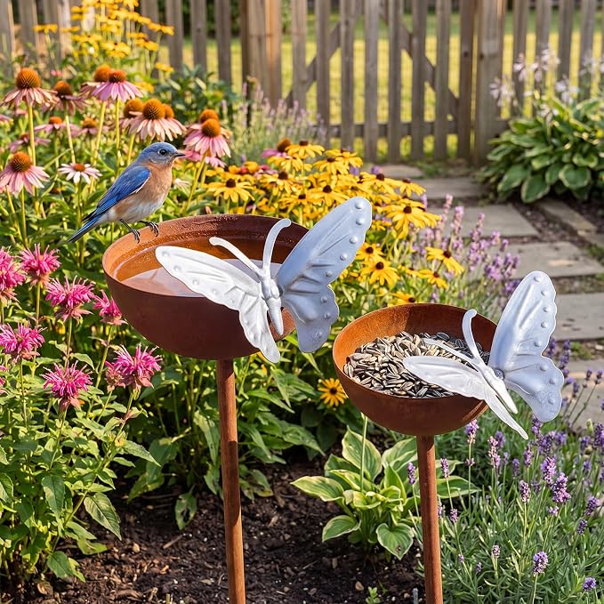 2 Pack Rusty Rain Catcher Garden Stake - Adjustable Metal Bird Feeder and Bath Bowl, Butterfly Style Vintage Outdoor Decor for Lawn Yard, Attracts Birds and Beneficial Insects - Image 7