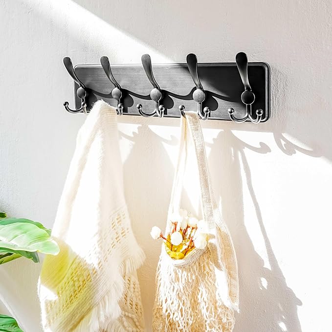 Dseap Coat Rack Wall Mounted - 5 Tri Hooks, Heavy Duty, Wooden Wall Coat Hanger Coat Hook for Clothes Hat Jacket Clothing, Black - Image 7