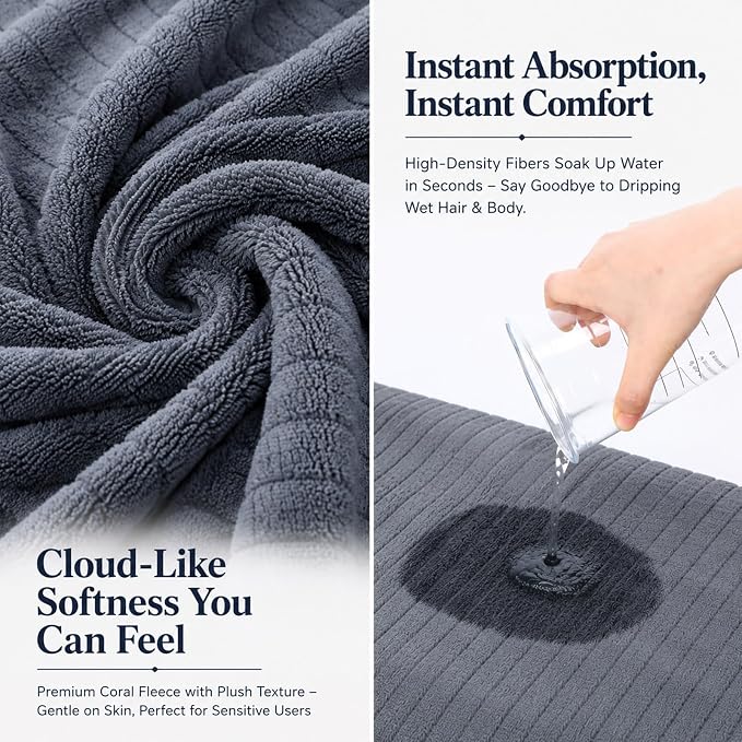 4 Pcs Extra Large Bath Towel Set 35"x70" Dark Gray Oversized Microfiber Bathroom Sheet Soft Coral Fleece Absorbent Quick Dry Towel with Hanging Loop for Adult Body Beach Hotel Home Spa - Image 5