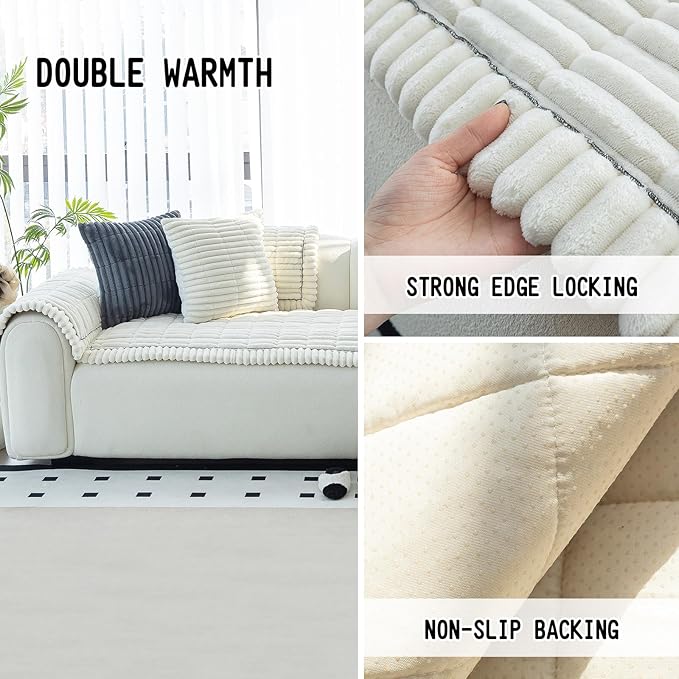 Sofa Couch Cover, Sofa Covers for Dogs Washable, Non-Slip Striped Sofa Slipcovers for Sectional Sofa, Sofa Cover Furniture Protector for L Shaped(Beige White 27.6"x 82.7") - Image 2