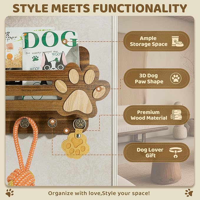 MTERSN Acacia Wood Dog Leash Holder for Wall – Cute Dog Paw Key Holder Wall Mount with Floating Shelf and 6 Hooks, Rustic Mail Organizer for Dog Accessories & Home Decor(Acacia Wood) - Image 5
