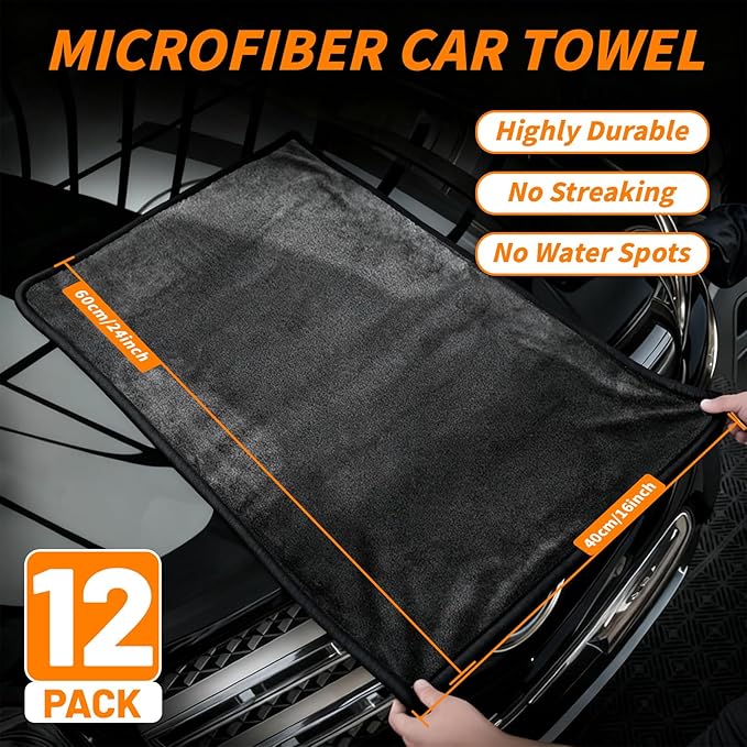 12 Pack Microfiber Car Towels, 24" x 16" Microfiber Cleaning Cloths 600 GSM | Thick Soft, Highly Absorbent, Quick Drying, Scratch-Free Detailing, Buffing, Polishing, Waxing for Cars Truck SUV RV Boat - Image 2