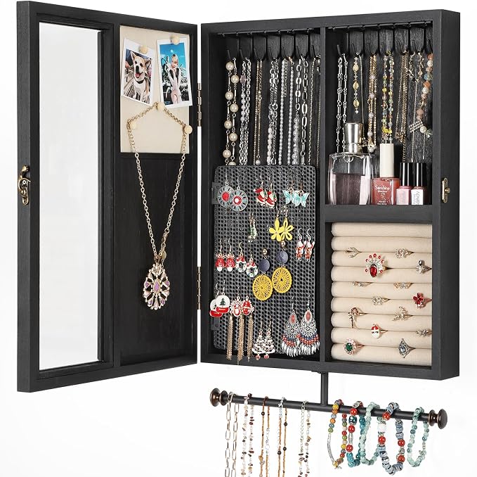 Keebofly Wall Mounted Jewelry Organizer With Rustic Wood Large Space Jewelry Cabinet, Holder, Storage Box for Necklaces, Earrings, Bracelets, Ring Holder, and Accessories Black by Keebofly