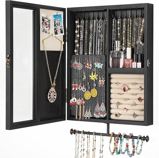 Keebofly Wall Mounted Jewelry Organizer With Rustic Wood Large Space Jewelry Cabinet, Holder, Storage Box for Necklaces, Earrings, Bracelets, Ring Holder, and Accessories Black by Keebofly