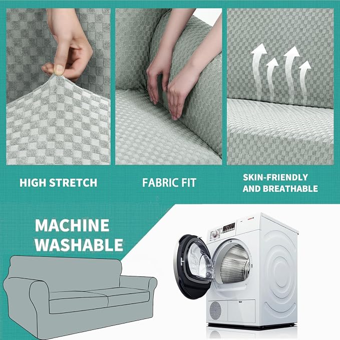 YEMYHOM Latest Checkered 3 Pieces Couch Covers for 2 Cushion Couch High Stretch Sofa Cover with 2 Extra Large Seat Cushion Covers Anti Slip Elastic Slipcovers (Ivory), 71"-91"(2 Cushions) - Image 5