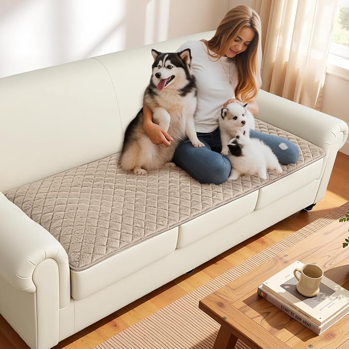 ALIECOM Sofa Cover Waterproof Couch Cover for Dogs Washable Velvet Sofa Slipcovers Loveseat Covers for 2 Cushion Couch Pet Friendly Non Slip Furniture Protector (Light Camel, 27.6" x 59.1") - Image 7