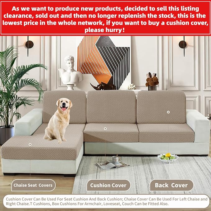 【Clearance】 Stretch Individual Cushion Covers Sofa Loveseat Seat Cushion Slipcovers Soft Couch Cover Replacement Large Checkered Furniture Protector with Elastic Bottom (2 Pc Cushion Cover, Khaki) - Image 2