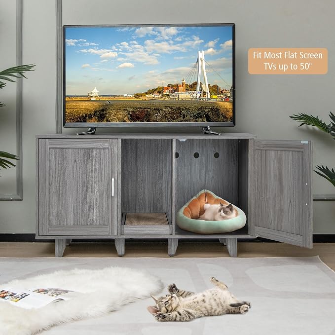 Tangkula Patented Double Cat Litter Box Enclosure for 2 Cats, Large Stackable Hidden Privacy Cat Washroom Cabinet with Scratching Board, Indoor Cat House TV Stand, Litter Box Furniture (Grey Oak) - Image 3