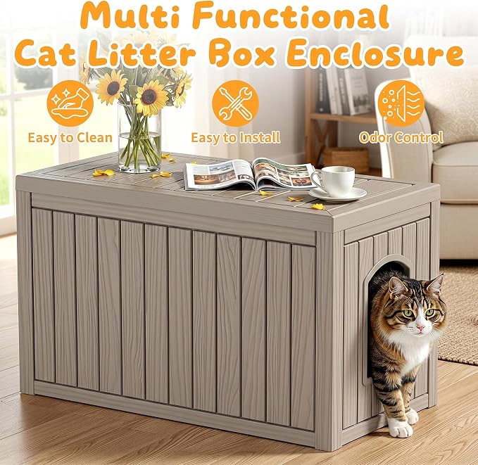 Cat Litter Box Enclosure,Multi-Functional Hidden Litter Box Furniture Cabinet with Adjustable Partition & Side End Table, Indoor Outdoor Cat House with Double Doors,Easy to Clean & Assemble, Gray - Image 5