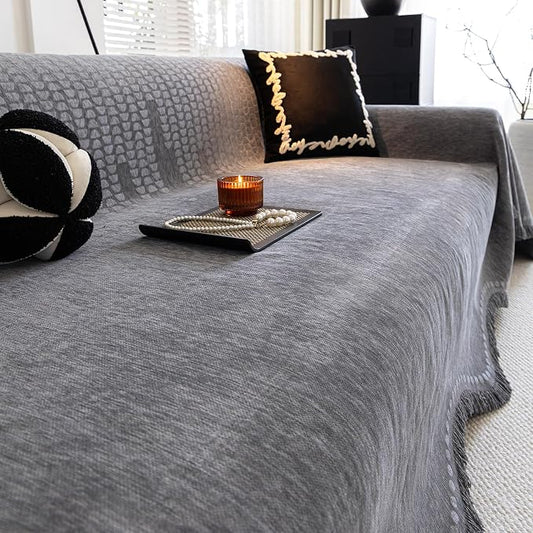 ROOMLIFE Gray Couch Cover Boho Sofa Covers for 3 Cushion Couch Washable, Furniture Protector Sofa Couch Cover for Dogs, Soft Chenille Sofa Slipcover, Couch Throw Blankets with Tassels 71 '' X 118'' by ROOMLIFE