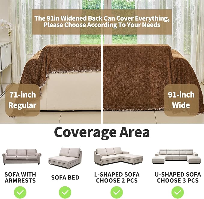 VANJOROY Couch Chair Cover, Armchair for 1 Cushion Couch, Washable Chenille Sofa Cover Protector Soft Sofa Slipcovers for Pets Dog with Tassel,71"x 91" Brown - Image 3