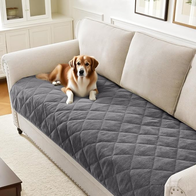 Couch Covers for Dogs Chenille Sofa Covers for 3 Cushion Washable Quilted Checkered Fuzzy Pet Couch Cover Soft Couch Protector Non-Slip Sofa Pads for Puppy Cat Kids(34.5" x 70",Light Grey) by PrinceDeco