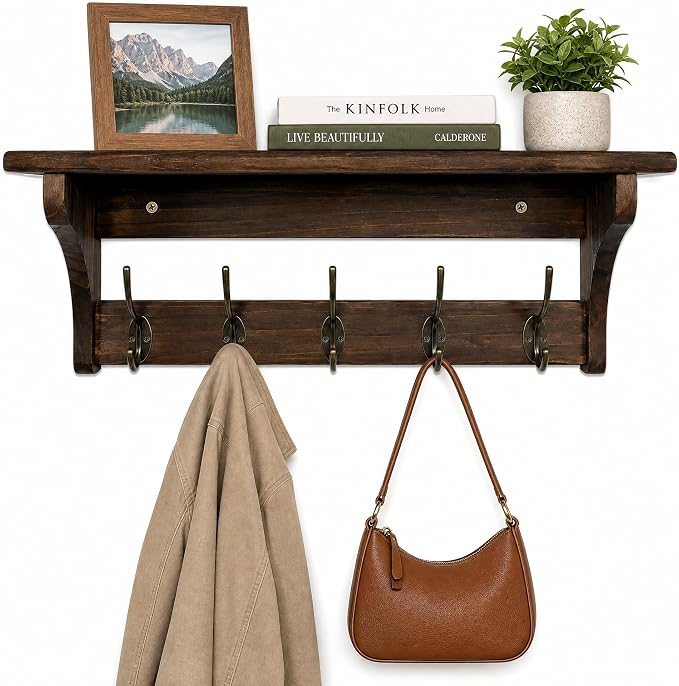 Wall Mounted Coat Rack with Shelf, Solid Wood & Metal Hooks – 23.2 Inch Entryway Organizer with 5 Hooks for Hanging Coats, Hats, Bags, Keys, Rustic Brown for Hallway, Bedroom, Bathroom（23.2 Inch） by Sifenma