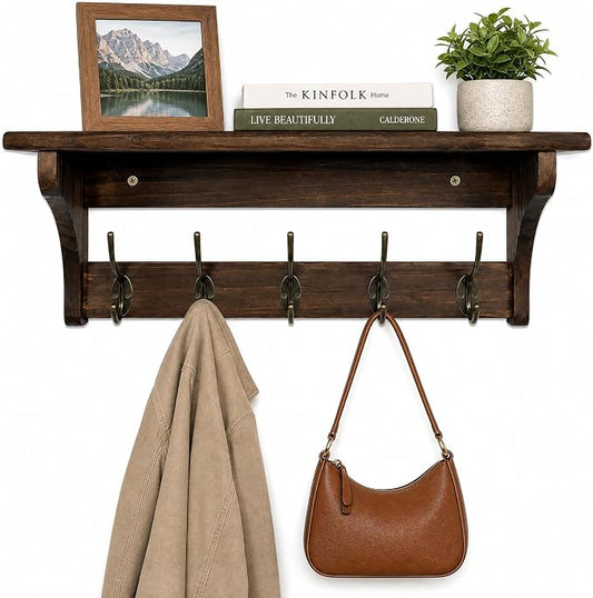 Wall Mounted Coat Rack with Shelf, Solid Wood & Metal Hooks – 23.2 Inch Entryway Organizer with 5 Hooks for Hanging Coats, Hats, Bags, Keys, Rustic Brown for Hallway, Bedroom, Bathroom（23.2 Inch） by Sifenma