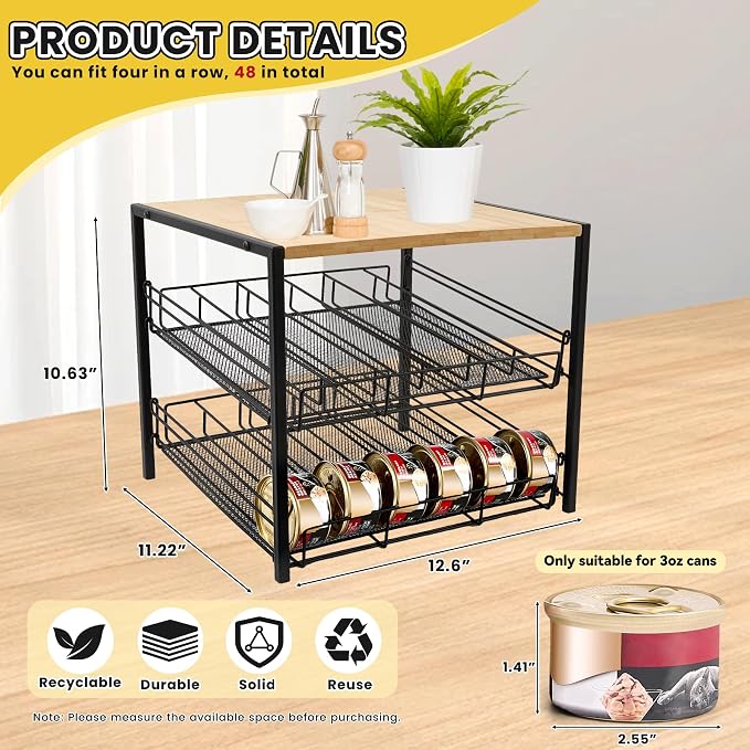 Bamboo & Iron Cat Food Organizer for Pantry, 2-Tier Can Stackable Storage Rack Holds 48 (3oz) Cans, Flat Top for Extra Storage, Automatic Slide-Down Perfect for Pet Food Cans - Image 2
