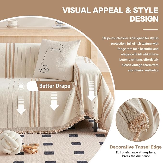 DREAMINGO Couch Cover Reversible Chenille 3 Seat Sofa Covers for Pet Kids Beige Coffee Couch Protector for 3 Cushion Couch Sofa Vertical Stripe Jacquard Sofa Slipcover Sectional, 71"x134" - Image 4