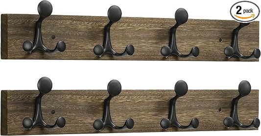 SKOLOO 24-Inch Wood Burnt Coat Rack Wall Mount with 4 Triple Hooks - Ideal for Family Entrances, Classrooms, and Pet Supplies Storage - Perfect Coat Hooks for Wall, Pack of 2 by SKOLOO