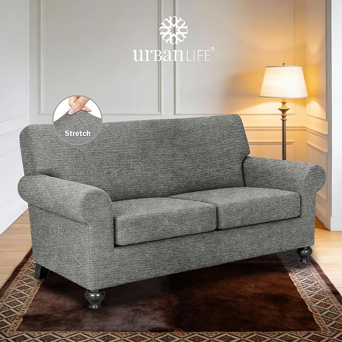 URBANLIFE 3-Piece Stretch Sofa Covers for 2 Cushion Couch, Light Gray | Super fitted spandex slipcovers for couches. Non-slip elastic bottom. Machine washable furniture protector for kids & pets. - Image 2