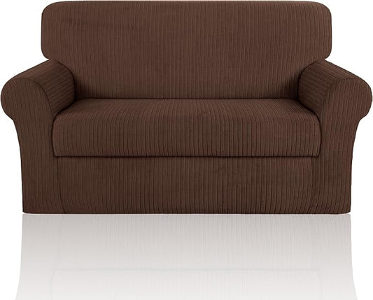 Loveseat Cover Stretching Skid Resistance Couch Cover for Pets Washable, Thick and Durable Soft High Spandex Striped Pattern Sofa Covers, Form Fitted Love Seat Slipcover(Loveseat, Chocolate) by ChengEase