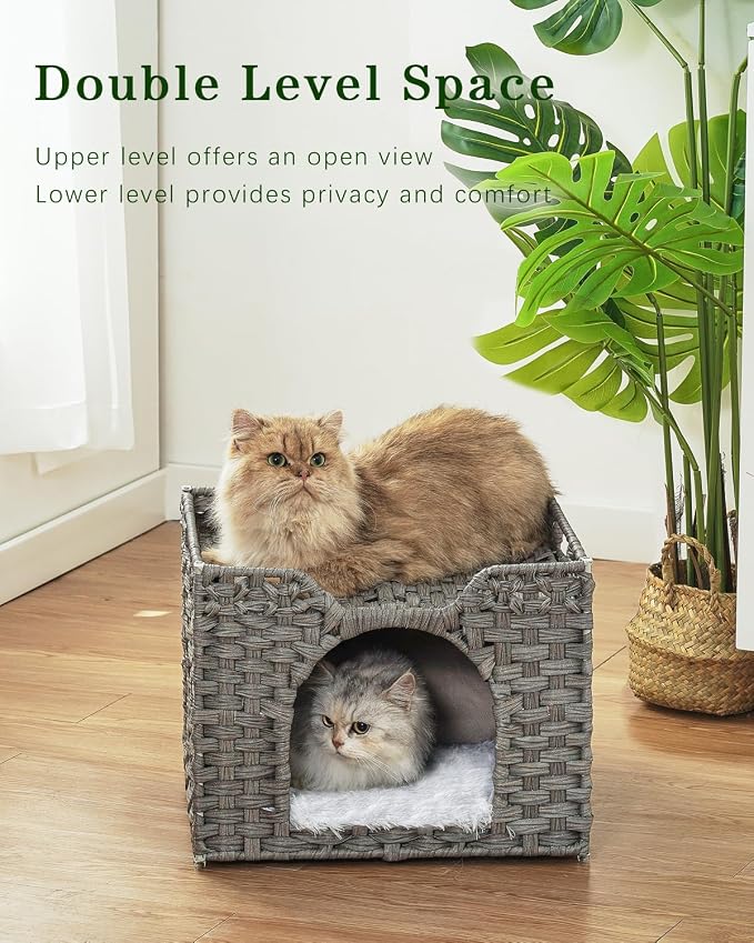 SETVSON Cat Beds Indoor Kitten House, Handwoven Rattan PE Cat Cave, Gray | 2-in-1 Kitty Condo with Top Perch & Bottom Cave, Furry Canvas Dual Cushion, 2 S-Hooks, Steel Frame, 16.5x16.5x13.2 In - Image 2