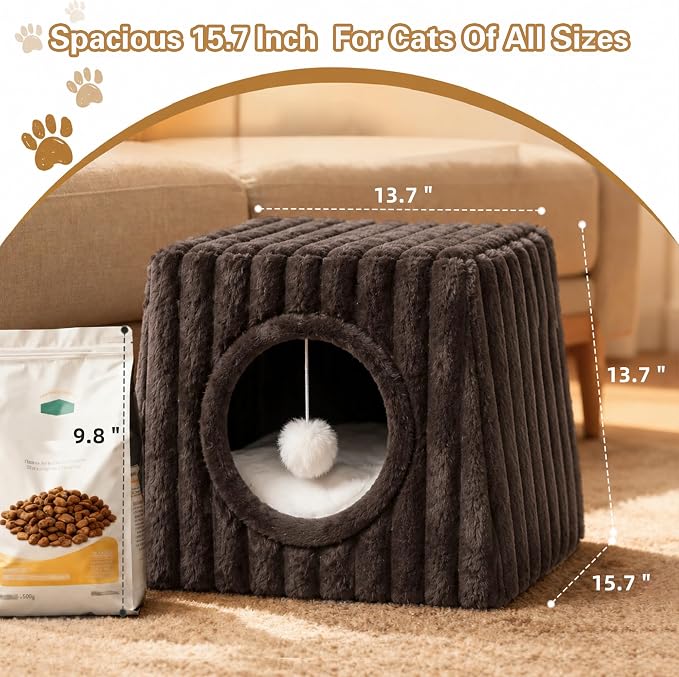 Indoor Cat House - Large Cat Cave Bed with Fluffy Balls, Foldable Cat Bed Cave and Apartment with Pads, Suitable for Multiple Small and Large Cats, 15.74x13.7x13.7inches (Coffee, Large) - Image 4