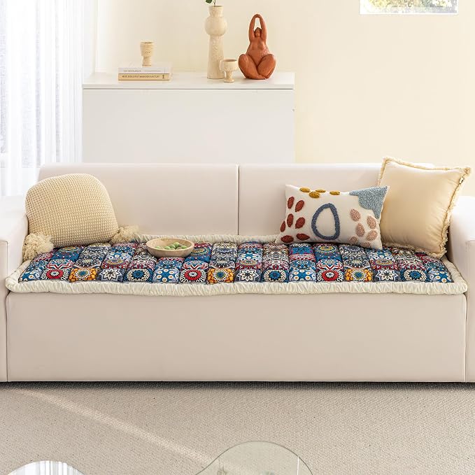 Non Slip Couch Cover for Dogs, Washable Pet Sofa Cover for 3 Cushion Couch, Boho Style Slipcover, Pet Friendly Furniture Protector (Blue, 27.6 x 59 in) - Image 3