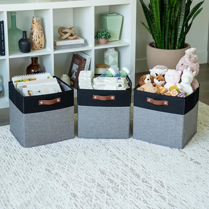 OrganiHaus 13x13 Cube Storage Bins, Set of 4 - Fabric Storage Cubes | Sturdy, holds its shape; odor-free; fits IKEA Kallax and Expedit; vegan leather handles - Image 4