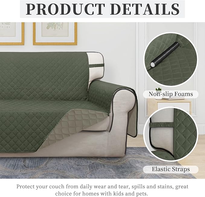 ISSUNTEX Double Protection 100% Waterproof Loveseat Sofa Covers for Living Room, Couch Covers for 2 Cushion Couch, Reversible Furniture Protector Sofa Cover for Dogs (Loveseat, Greyish Green/Beige) - Image 5