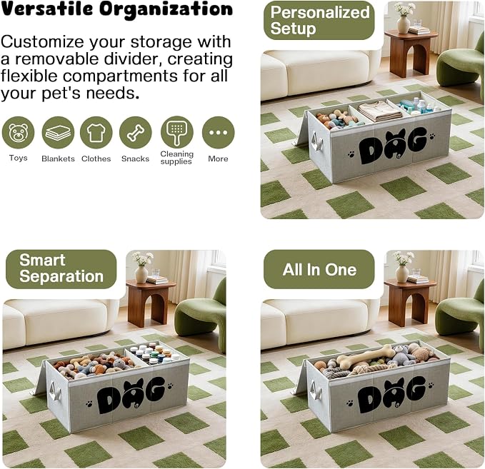 Dog Toy Basket with Lid, 3 Compartments Dog Basket for Toys, Dog Toy Box with 2 Removable Dividers, Collapsible Storage Bins for Dog Toys, Dog Storage Organizer, Gray - Image 5