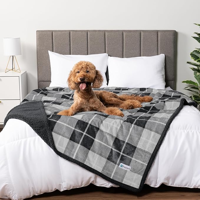 PetAmi Waterproof Dog Blanket for Couch, Extra Large 80x60, Pee Proof Sherpa Fleece Reversible Pet Throw, Furniture Protector for Bed Sofa Crate Kennel, Soft Washable Cover for Dogs Cats, Plaid Grey by PetAmi
