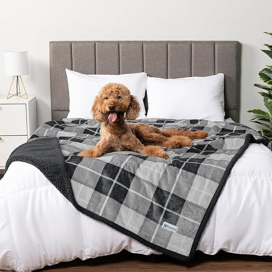 PetAmi Waterproof Dog Blanket for Couch, Extra Large 80x60, Pee Proof Sherpa Fleece Reversible Pet Throw, Furniture Protector for Bed Sofa Crate Kennel, Soft Washable Cover for Dogs Cats, Plaid Grey by PetAmi