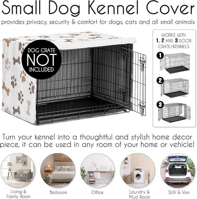 Sweet Jojo Designs 30in. Small/Medium Dog Crate Cover (Bones and Paw Prints) Pet Cage, Kennel Covers (Modern, Cartoon, Doggy, Puppy, Neutral, Paws Print, Whimsical, Brown, Tan, Grey, Taupe and White) - Image 4