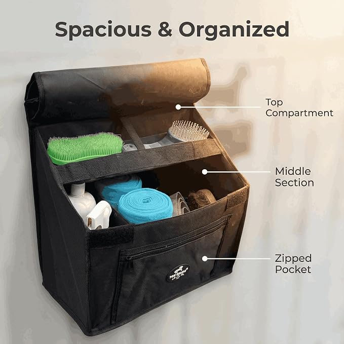 Stall Front Organizer Bag, Black, Multi-Compartment Storage, Horse Grooming Supply Holder with Top Loading Design - Image 2