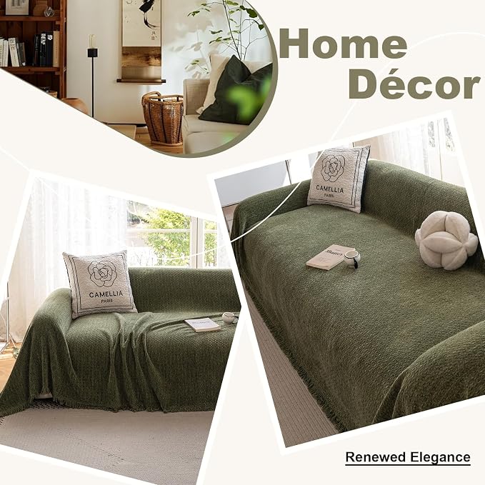 ROOMLIFE Green Sofa Cover, Vintage Boho Couch Cover for 3 Cushion Sofa, Non Slip Soft Chenille Sofa Slipcovers for Dog, Washable Furniture Sofa Protector Cover with Tassel for Living Room, 71''X150” - Image 5