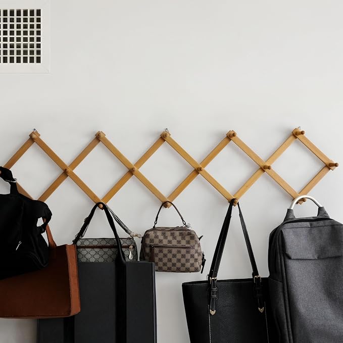SKOLOO Accordion Wall Hanger with 16 Hooks, Modern Expandable Coat Rack Hat Rack for Wall, Solid Wooden, Natural Color - Image 2